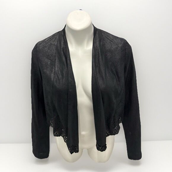 INC Black Suede Cropped Bolero Jacket Open Front Sz S Laser Cut Design - Picture 3 of 6